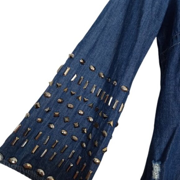 Angel + Premium Womens Distressed Denim Top Studded Flare Sleeve M - Picture 2 of 3